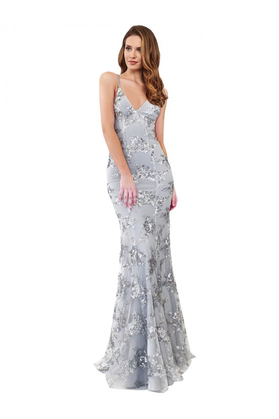 Argent Sirène Col V Crêpe Stretch Paillette Tulle Longue Formelles Robes demoiselle d'honneur / Robes de soirée / Robes de bal en Gros