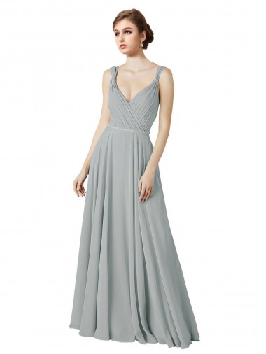 Argent Trapèze Col V Mousseline Longue Robes demoiselle d'honneur en Gros