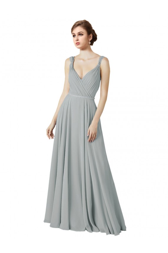 Argent Trapèze Col V Mousseline Longue Robes demoiselle d'honneur en Gros