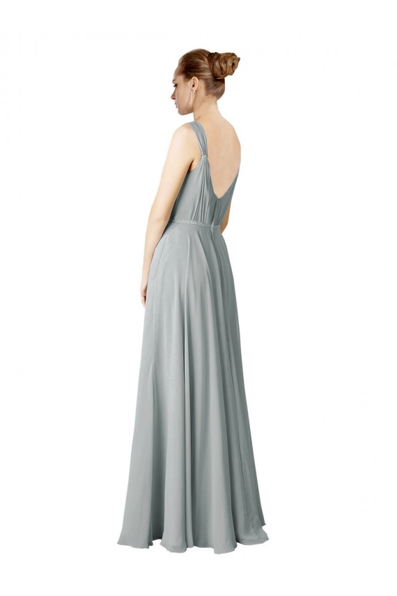 Argent Trapèze Col V Mousseline Longue Robes demoiselle d'honneur en Gros
