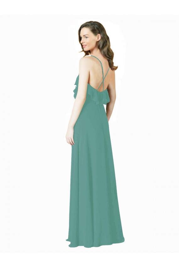 Argent islandais Trapèze Bretelles spaghetti Col V Mousseline Longue Robes demoiselle d'honneur en Gros