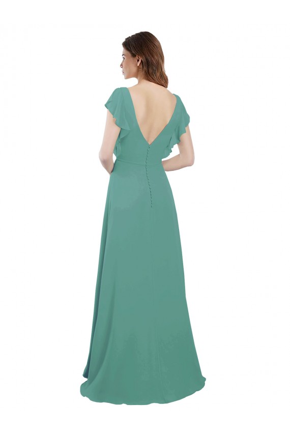 Argent islandais Trapèze Col V Mousseline Longue Robes demoiselle d'honneur en Gros