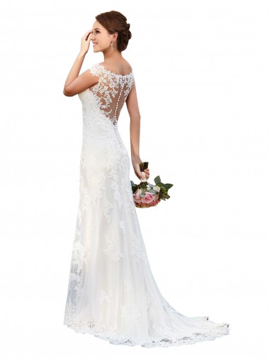 Blanc Fourreau Bateau Illusion Dentelle Robes de mariée en Gros