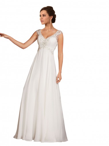 Blanc Fourreau Col V Mousseline Dentelle Robes de mariée en Gros