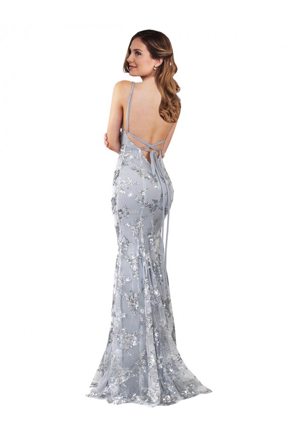 Argent Sirène Col V Crêpe Stretch Paillette Tulle Longue Formelles Robes demoiselle d'honneur / Robes de soirée / Robes de bal en Gros