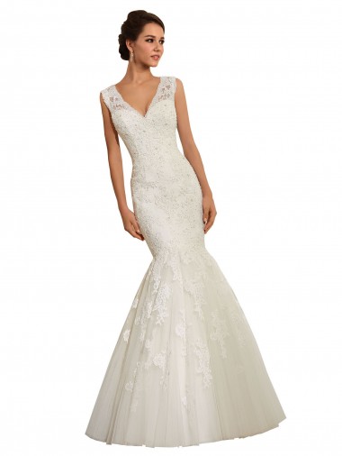 Blanc Sirène Col V Tulle Dentelle Robes de mariée en Gros
