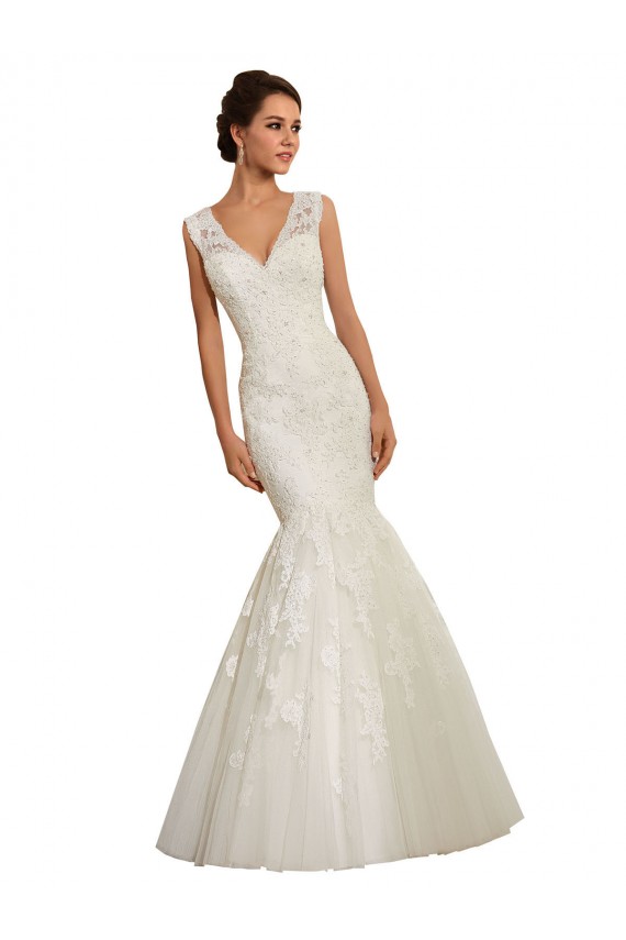 Blanc Sirène Col V Tulle Dentelle Robes de mariée en Gros