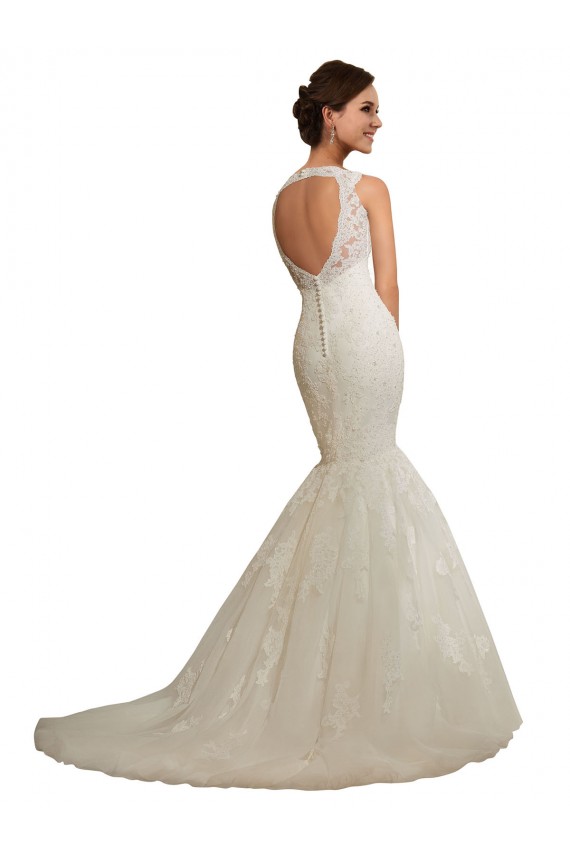 Blanc Sirène Col V Tulle Dentelle Robes de mariée en Gros