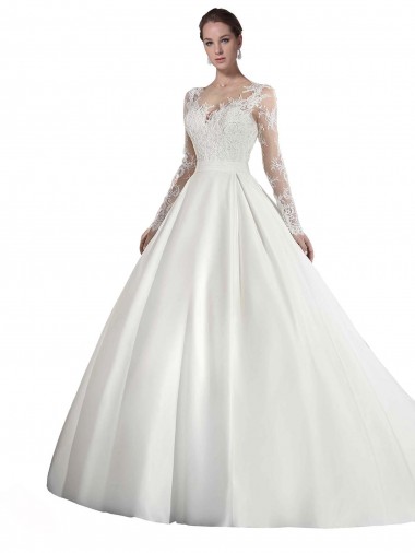 Blanc Trapèze Illusion Traîne cathédrale Satiné Dentelle Robes de mariée en Gros