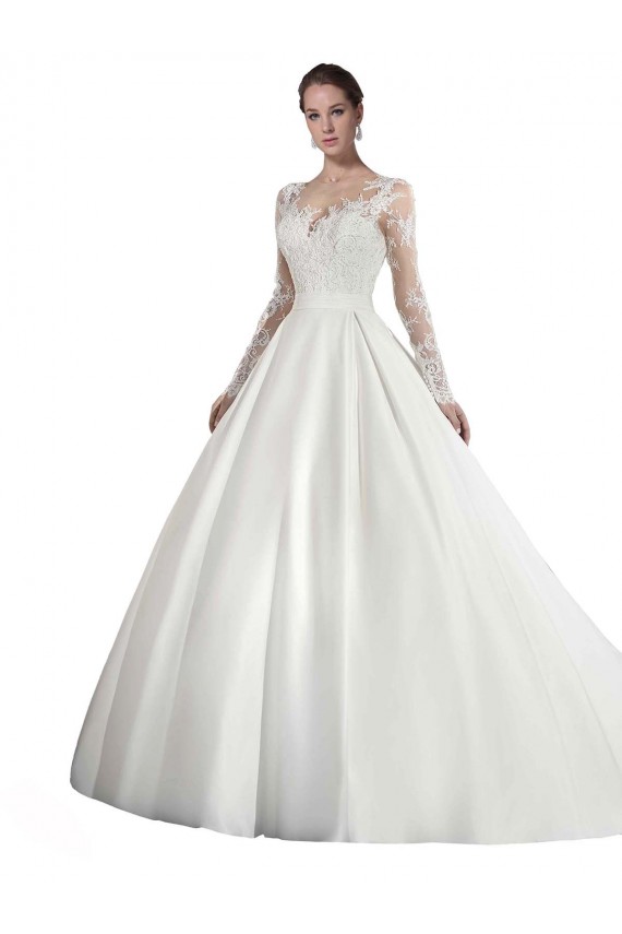 Blanc Trapèze Illusion Traîne cathédrale Satiné Dentelle Robes de mariée en Gros
