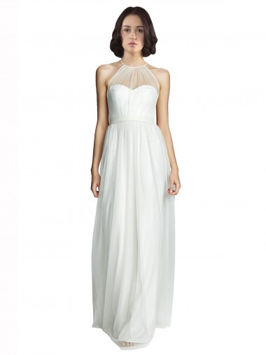 Blanc Trapèze Licou Col Haut Tulle Longue Robes demoiselle d'honneur en Gros