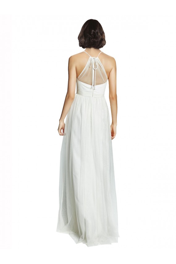 Blanc Trapèze Licou Col Haut Tulle Longue Robes demoiselle d'honneur en Gros