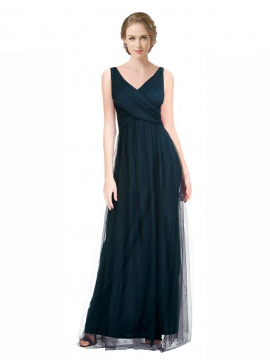 Bleu 7 Trapèze Col V Tulle Longue Robes demoiselle d'honneur en Gros
