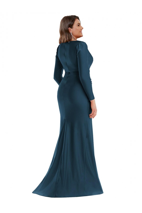 Bleu Atlantic Sirène Col V Satiné Soyeux Longue Formelles Robes demoiselle d'honneur / Robes de soirée / Robes de bal en Gros