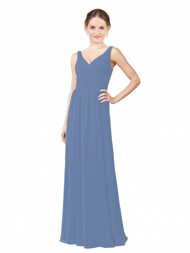 Bleu Windsor Fourreau Col V Mousseline Longue Robes demoiselle d'honneur en Gros