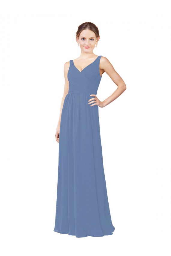 Bleu Windsor Fourreau Col V Mousseline Longue Robes demoiselle d'honneur en Gros