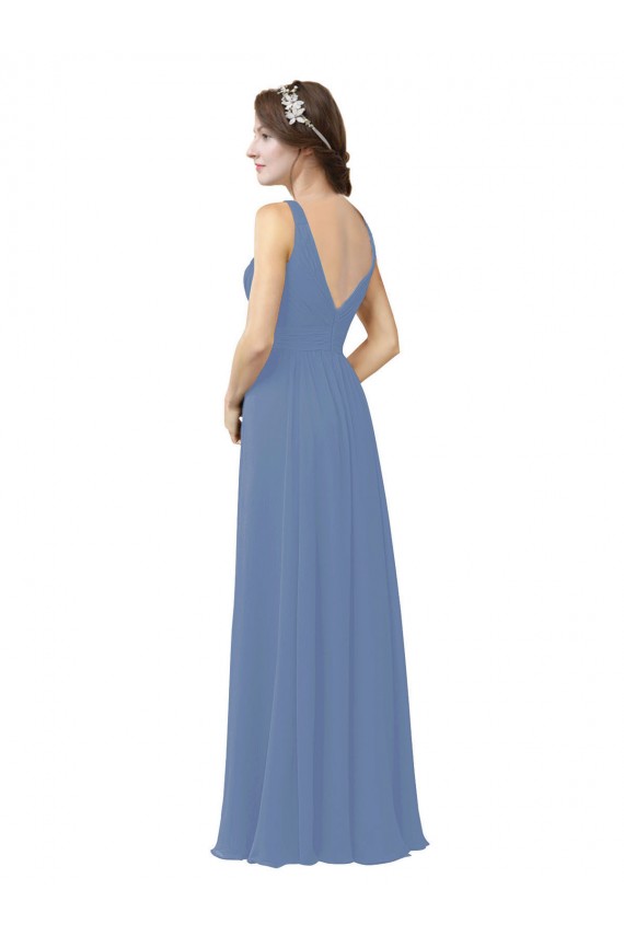 Bleu Windsor Fourreau Col V Mousseline Longue Robes demoiselle d'honneur en Gros