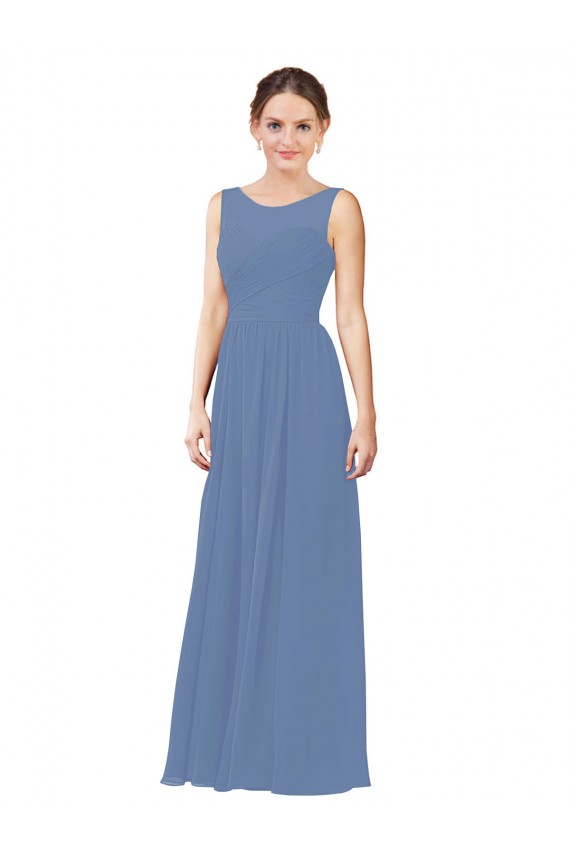 Bleu Windsor Fourreau Illusion Mousseline Longue Robes demoiselle d'honneur en Gros