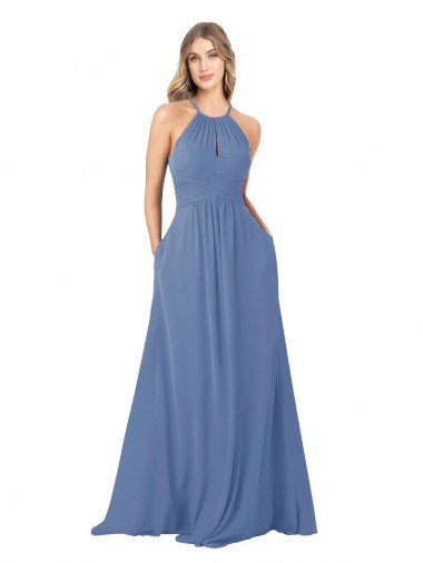 Bleu Windsor Trapèze Col Haut Mousseline Longue Robes demoiselle d'honneur en Gros