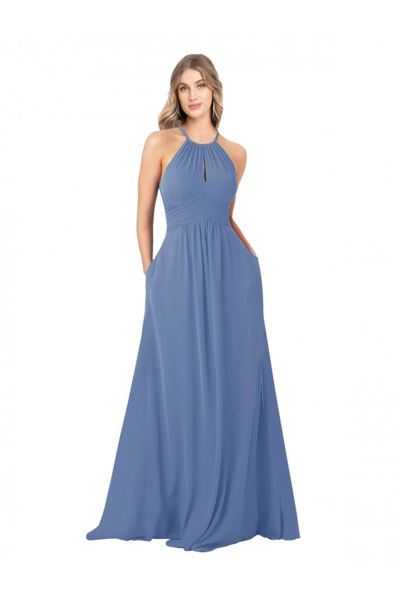 Bleu Windsor Trapèze Col Haut Mousseline Longue Robes demoiselle d'honneur en Gros