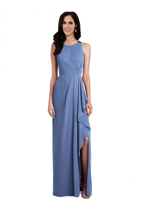 Bleu Windsor Trapèze Col bijou Mousseline Longue Robes demoiselle d'honneur en Gros