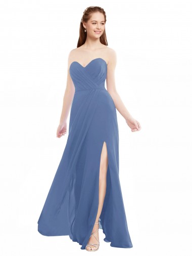 Bleu Windsor Trapèze Sans bretelle Mousseline Longue Robes demoiselle d'honneur en Gros