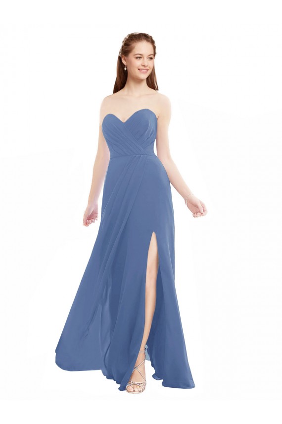 Bleu Windsor Trapèze Sans bretelle Mousseline Longue Robes demoiselle d'honneur en Gros