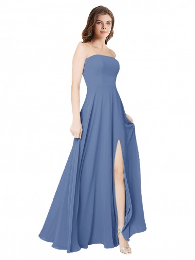 Bleu Windsor Trapèze Sans bretelle Mousseline Longue Robes demoiselle d'honneur en Gros