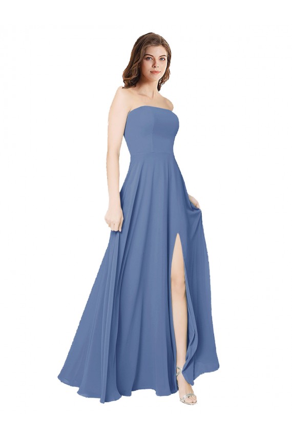 Bleu Windsor Trapèze Sans bretelle Mousseline Longue Robes demoiselle d'honneur en Gros