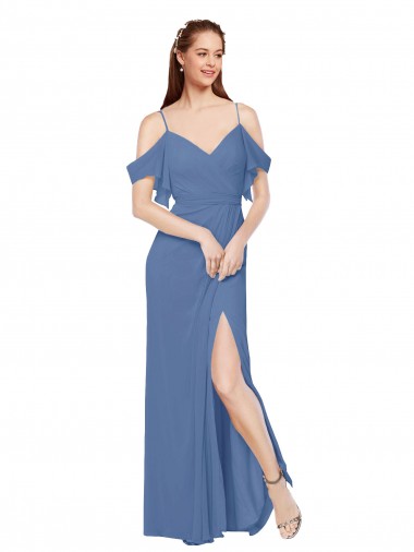 Bleu Windsor Trapèze Épaule Dénudée Mousseline Longue Robes demoiselle d'honneur en Gros