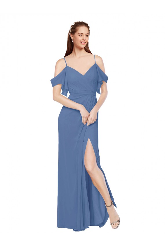 Bleu Windsor Trapèze Épaule Dénudée Mousseline Longue Robes demoiselle d'honneur en Gros