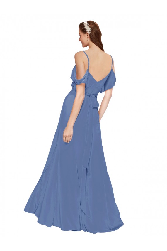 Bleu Windsor Trapèze Épaule Dénudée Mousseline Longue Robes demoiselle d'honneur en Gros
