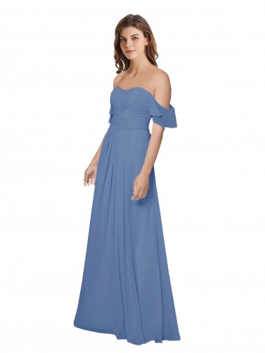 Bleu Windsor Trapèze Épaule Dénudée Sans bretelle Mousseline Longue Robes demoiselle d'honneur en Gros