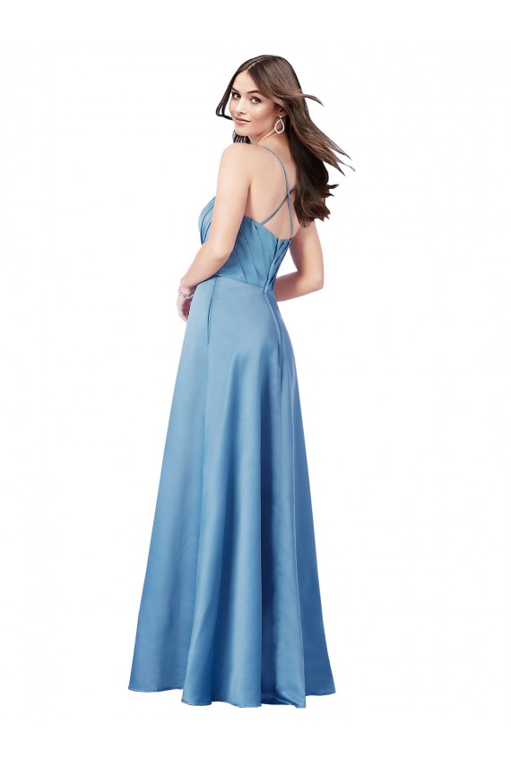 Bleu ciel Fourreau Bretelles spaghetti Col Carré Satiné Longue Formelles Robes demoiselle d'honneur / Robes de soirée / Robes de bal en Gros