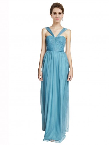 Bleu ciel Trapèze Bretelles spaghetti Col V Tulle Longue Robes demoiselle d'honneur en Gros