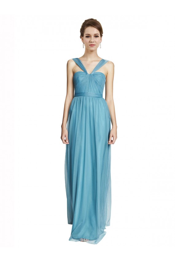 Bleu ciel Trapèze Bretelles spaghetti Col V Tulle Longue Robes demoiselle d'honneur en Gros