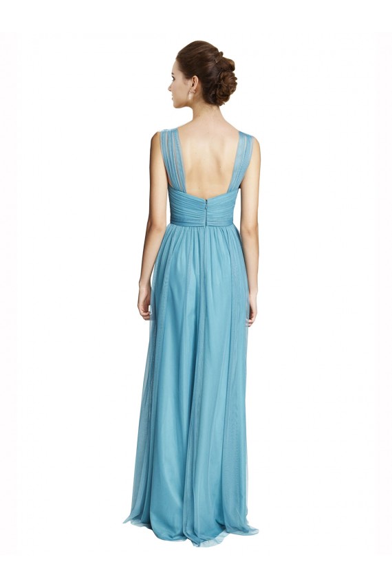 Bleu ciel Trapèze Bretelles spaghetti Col V Tulle Longue Robes demoiselle d'honneur en Gros