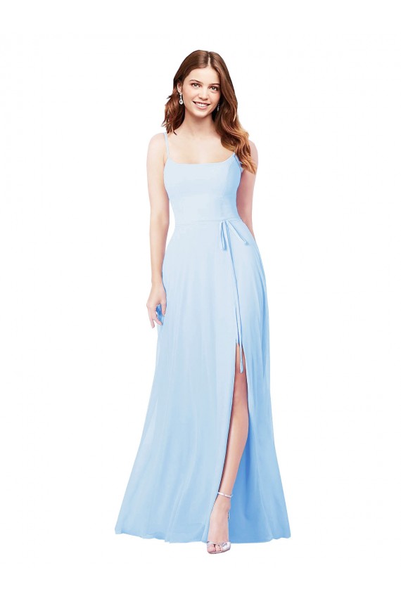 Bleu ciel clair Fourreau Bretelles spaghetti Col Carré Mousseline Longue Robes demoiselle d'honneur en Gros