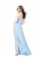 Bleu ciel clair Fourreau Bretelles spaghetti Col Carré Mousseline Longue Robes demoiselle d'honneur en Gros