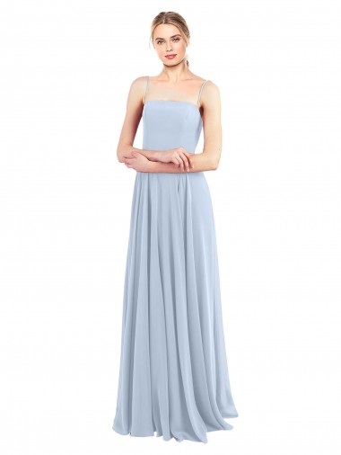 Bleu ciel clair Trapèze Bretelles spaghetti Col Carré Mousseline Longue Robes demoiselle d'honneur en Gros