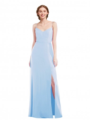 Bleu ciel clair Trapèze Bretelles spaghetti Col V Mousseline Longue Formelles Robes demoiselle d'honneur / Robes de soirée en Gros