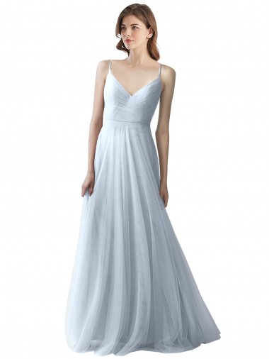 Bleu ciel clair Trapèze Bretelles spaghetti Col V Tulle Longue Robes demoiselle d'honneur en Gros