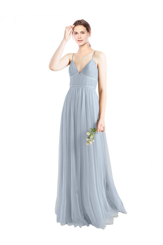 Bleu ciel clair Trapèze Bretelles spaghetti Col V Tulle Longue Robes demoiselle d'honneur en Gros