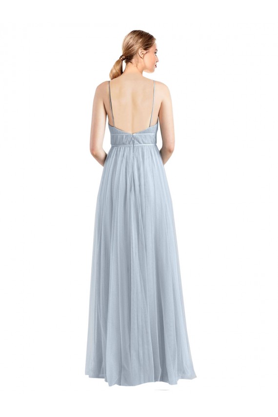 Bleu ciel clair Trapèze Bretelles spaghetti Col V Tulle Longue Robes demoiselle d'honneur en Gros