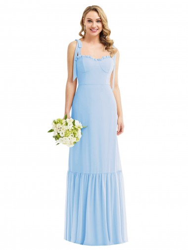 Bleu ciel clair Trapèze Bretelles spaghetti Mousseline Longue Robes demoiselle d'honneur en Gros