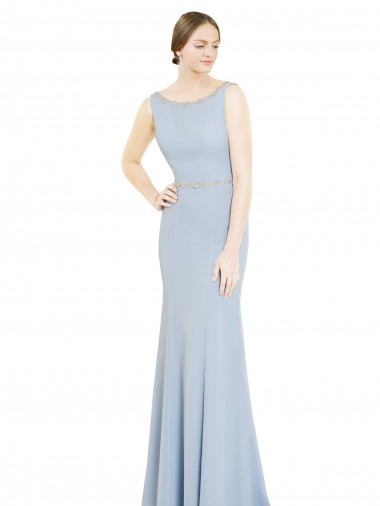 Bleu ciel clair Trapèze Col Bateau Col Haut Mousseline Longue Robes demoiselle d'honneur en Gros