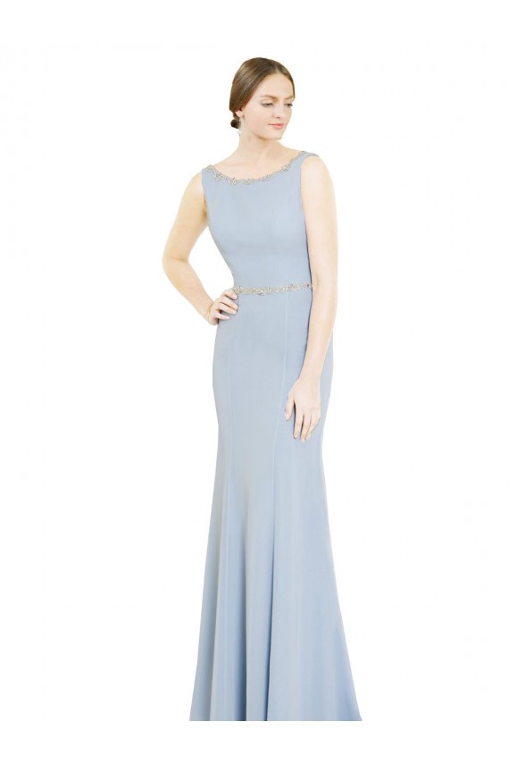 Bleu ciel clair Trapèze Col Bateau Col Haut Mousseline Longue Robes demoiselle d'honneur en Gros