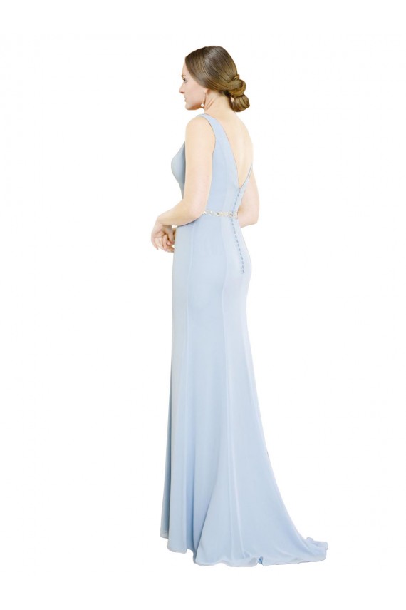 Bleu ciel clair Trapèze Col Bateau Col Haut Mousseline Longue Robes demoiselle d'honneur en Gros