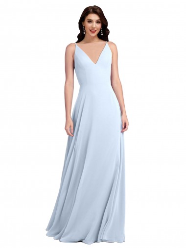 Bleu ciel clair Trapèze Col V Mousseline Longue Robes demoiselle d'honneur en Gros