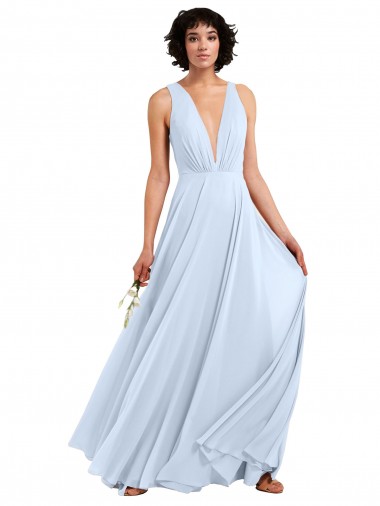 Bleu ciel clair Trapèze Col V Mousseline Longue Robes demoiselle d'honneur en Gros